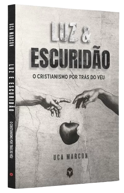 Capa do livro Luz e Escuridão, de Uca Marcon — duas mãos se tocando sobre textura de pedra com uma maçã ao centro